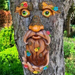 Tree Face Decor - Outdoor Bird Feeder - Old Man Face Decoration with Flowers